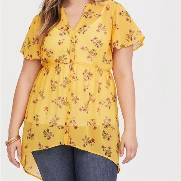 Torrid sz 3 (3X) sunflower yellow chiffon button up tunic top EUC summer casual - Picture 1 of 8